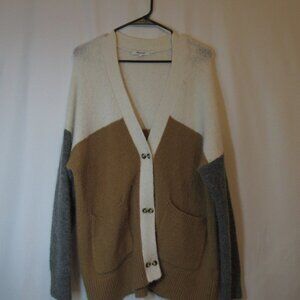 Madewell L Colorblock Gray Cream Tan V Neck Cardigan Sweater Oversized Comfy!
